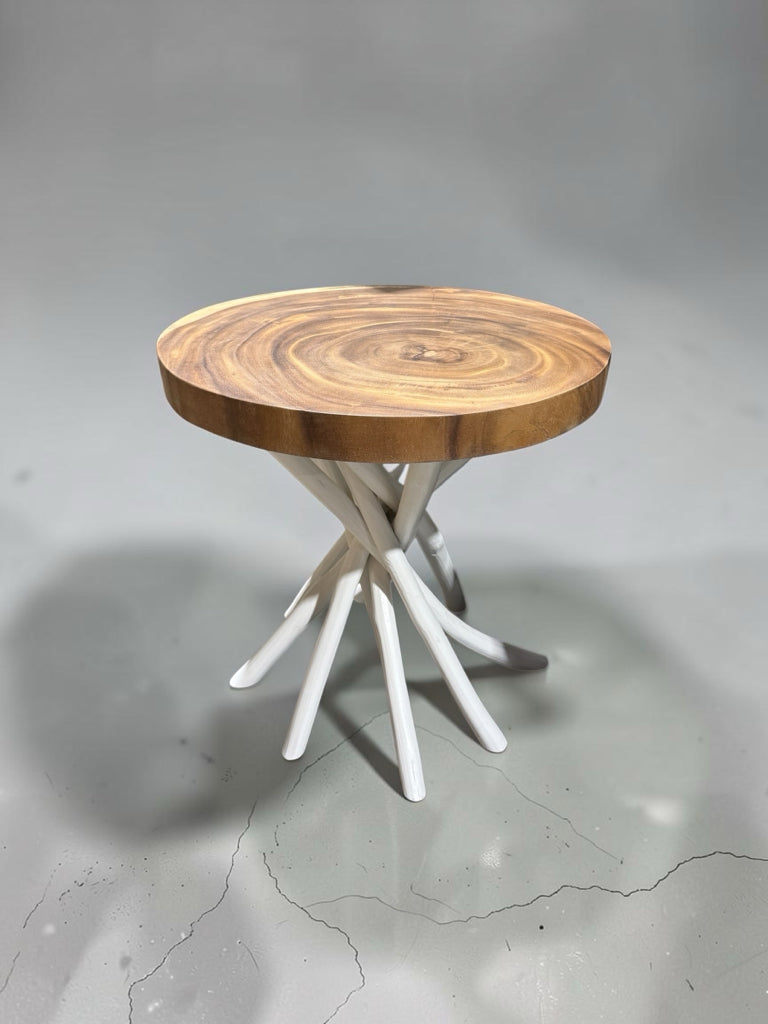 Solid Wood cross-cut accent table, 21.5"DIA x 22"H