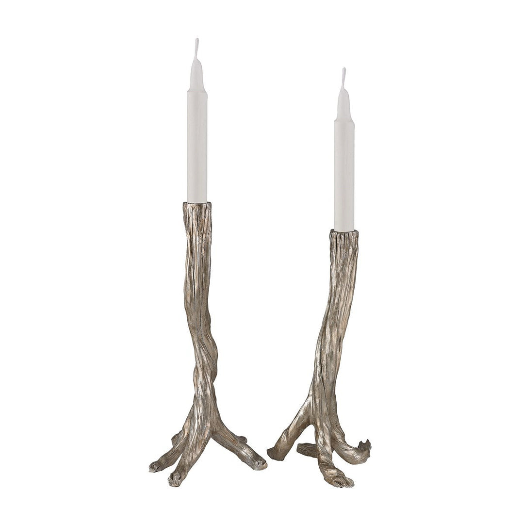 Pair of Silver-leafed Branch Candle Sticks, 15.25" H x 8.5" W & 13.5" H x 7" W