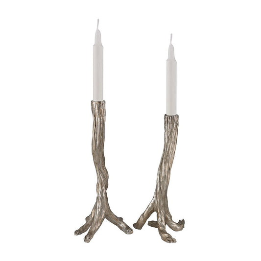 Pair of Silver-leafed Branch Candle Sticks, 15.25" H x 8.5" W & 13.5" H x 7" W