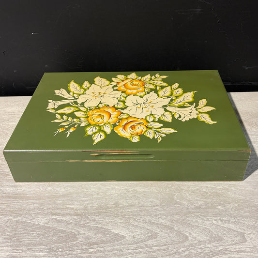 Vintage Hand Painted Wooden Silver Chest, 16.75"W x 11.25"D x 3.5"H