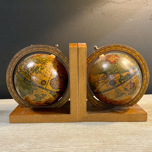 Vintage Wood Globe Bookends, 6"W x 4.25"D x 6.25"H