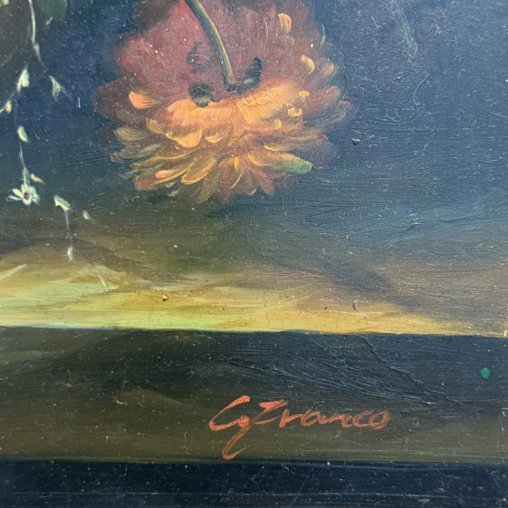 Vintage oil on panel, floral still life, G. Franco, 21.5"W x 25.5"H x 4"D