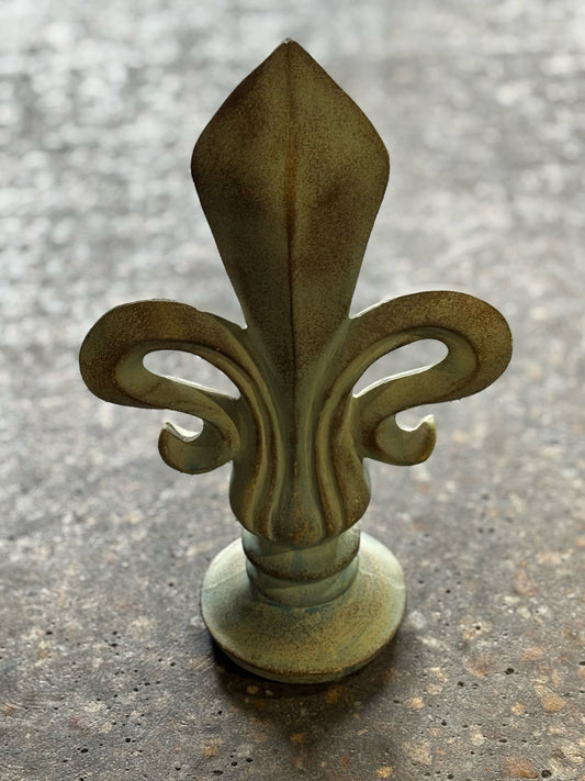 Decorative fleur de lis, faux verdigris, 7.5"W x 4"D x 12"H