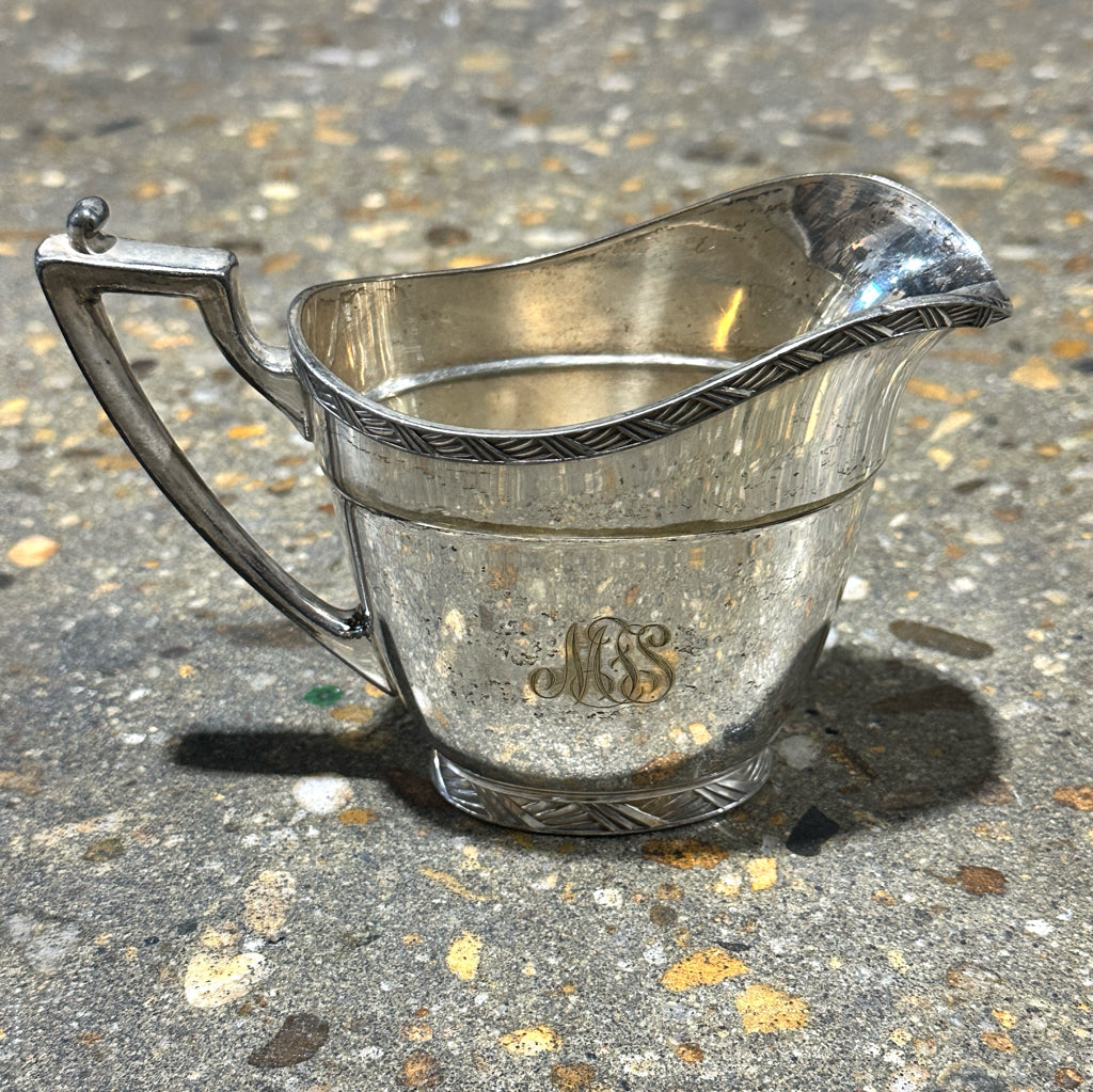Petite pitcher/creamer/vase, EPNS silver,well-loved,4"H