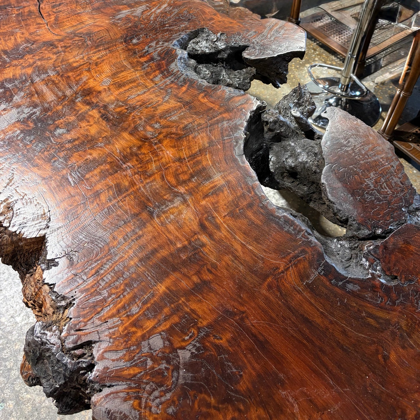 Reclaimed Calif Redwood slab on 2 redwood pedestals, 120"L x 38"W x 33"H