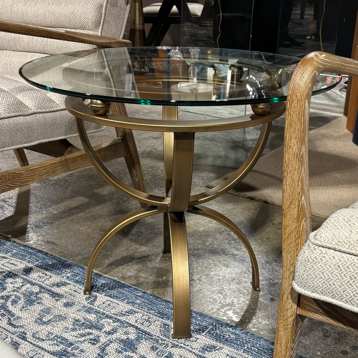Glass top/antiqued brass finish base side table