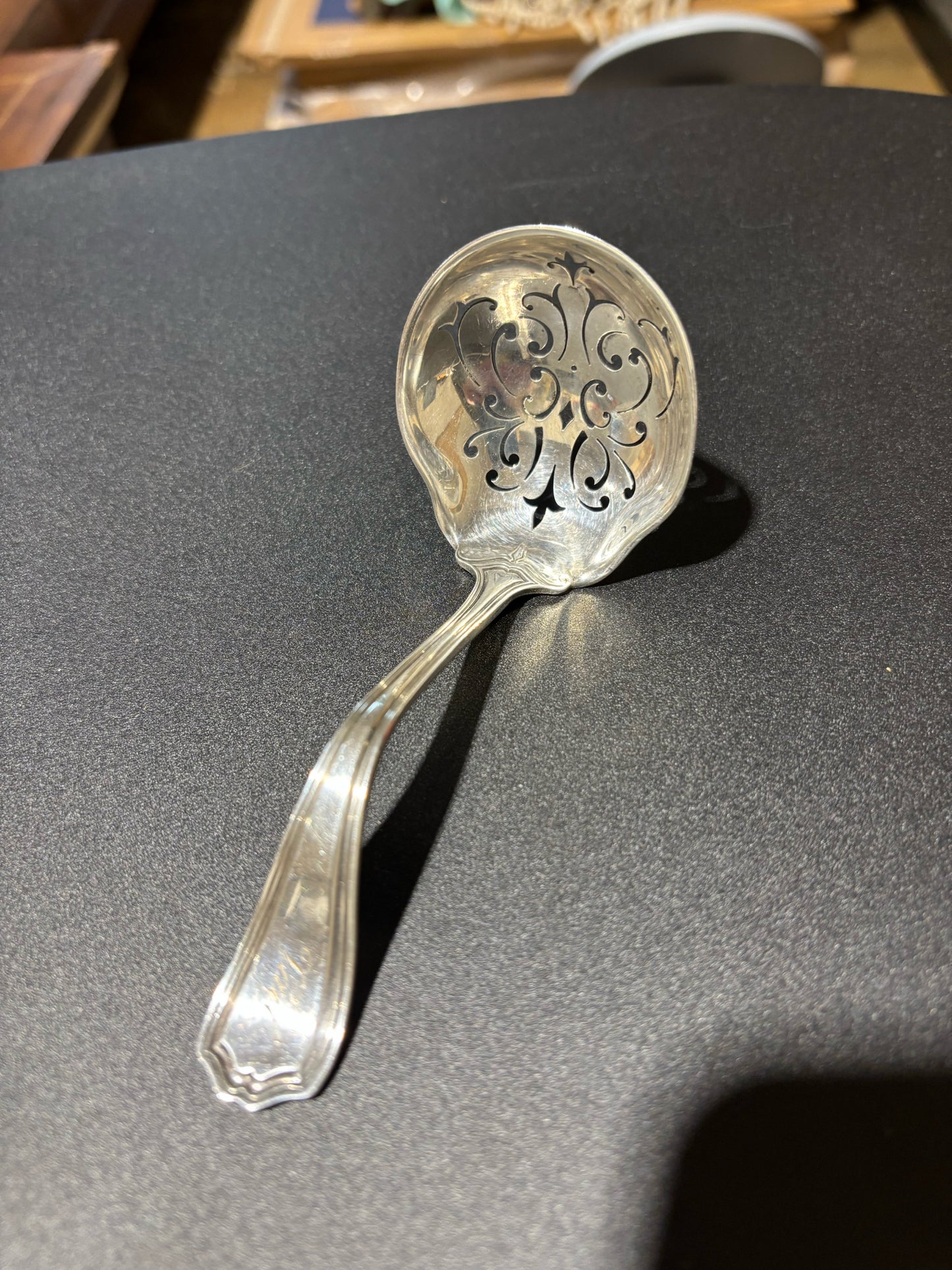 Reed & Barton Sterling Sugar Sifter Spoon, mono, 5" L x 2" W