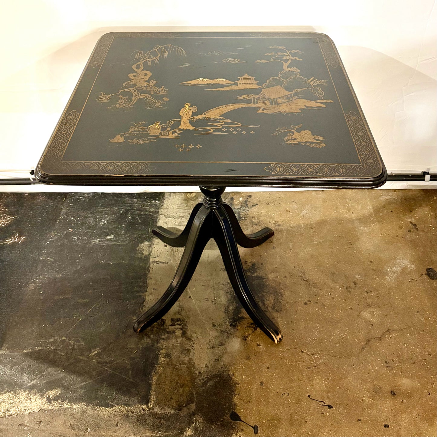 Vintage Hand Painted Chinoiserie Tilt-Top Table, 27"W x 27"D x 26.5"H