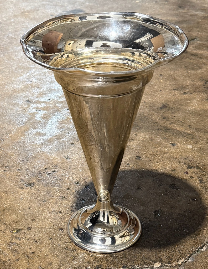 Vintage silver plate trumpet vase, mono, 7.5"W x 7.5"D x11"H
