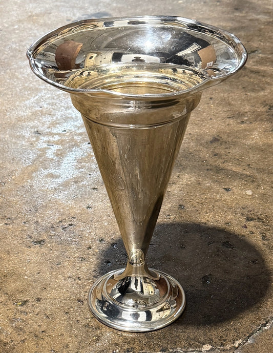 Vintage silver plate trumpet vase, mono, 7.5"W x 7.5"D x11"H