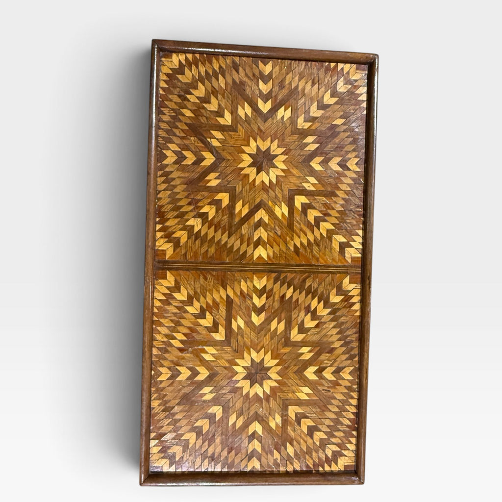 VTG Folk Art Parquetry Coffee Table w/Lyre Base