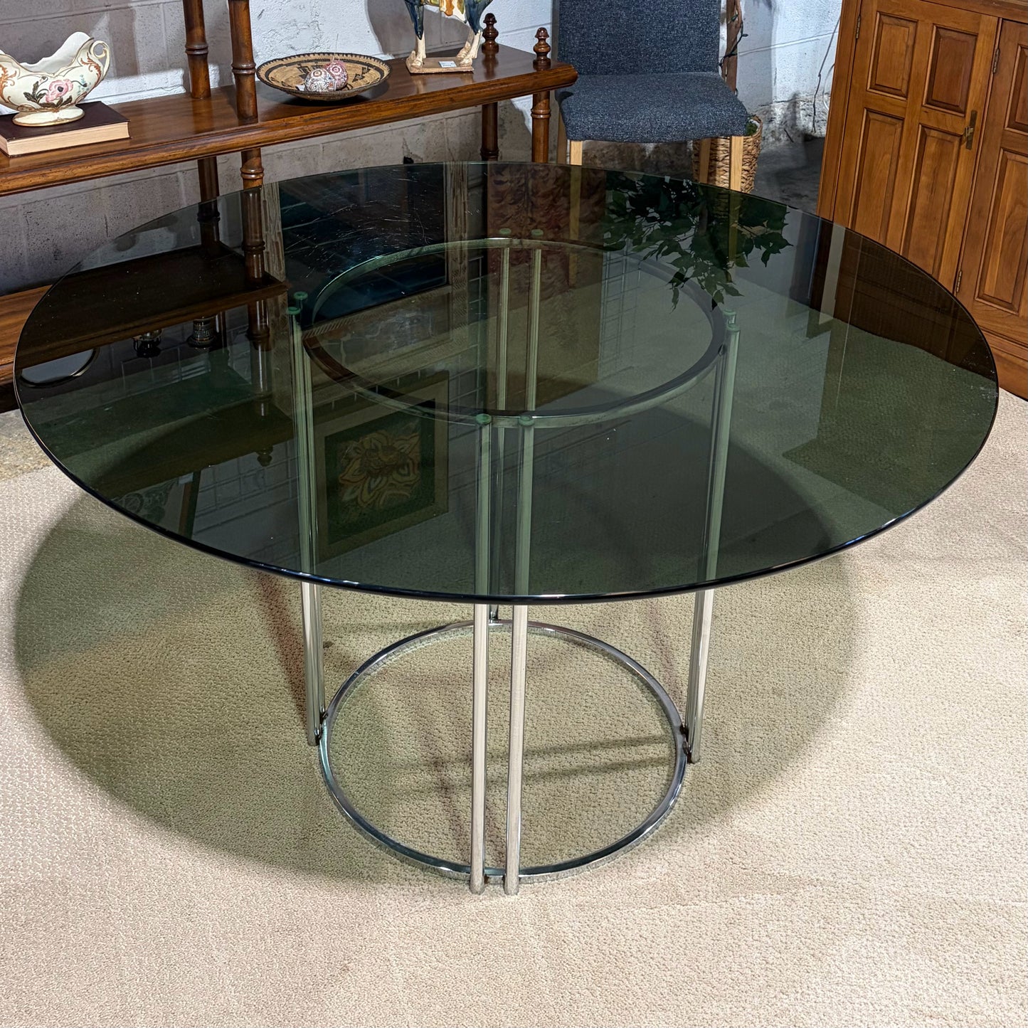 MCM Round Smoke Glass & Chrome Pedestal Table, 48"Dia x 28.5"H
