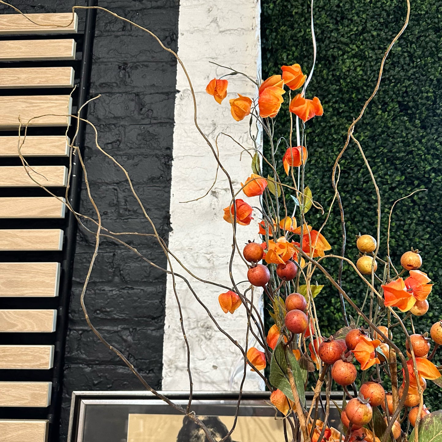 Faux Fall Foliage Arrangement in Cylindrical Glass Vase, ~16" W x ~45" H