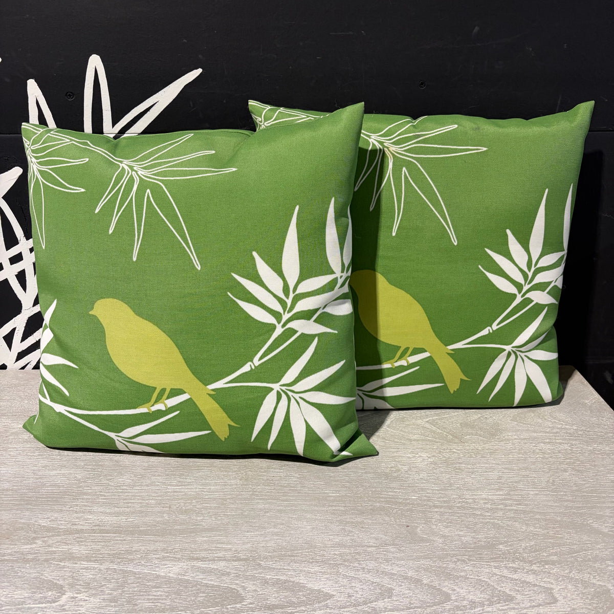 Pair of Green Bird Outdoor Pillows, ea 16"Sq