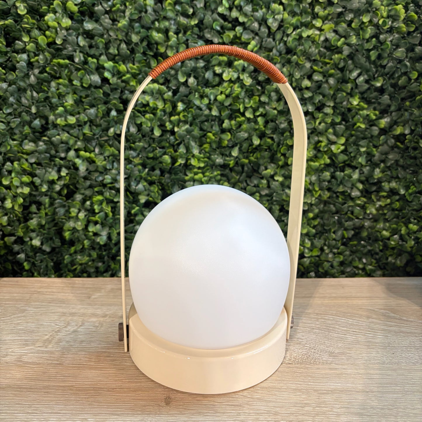 Carrie Portable Indoor/Outdoor LED Lamp, Ivory w/Leather, 6"W x 5.3"D x 9.6"H