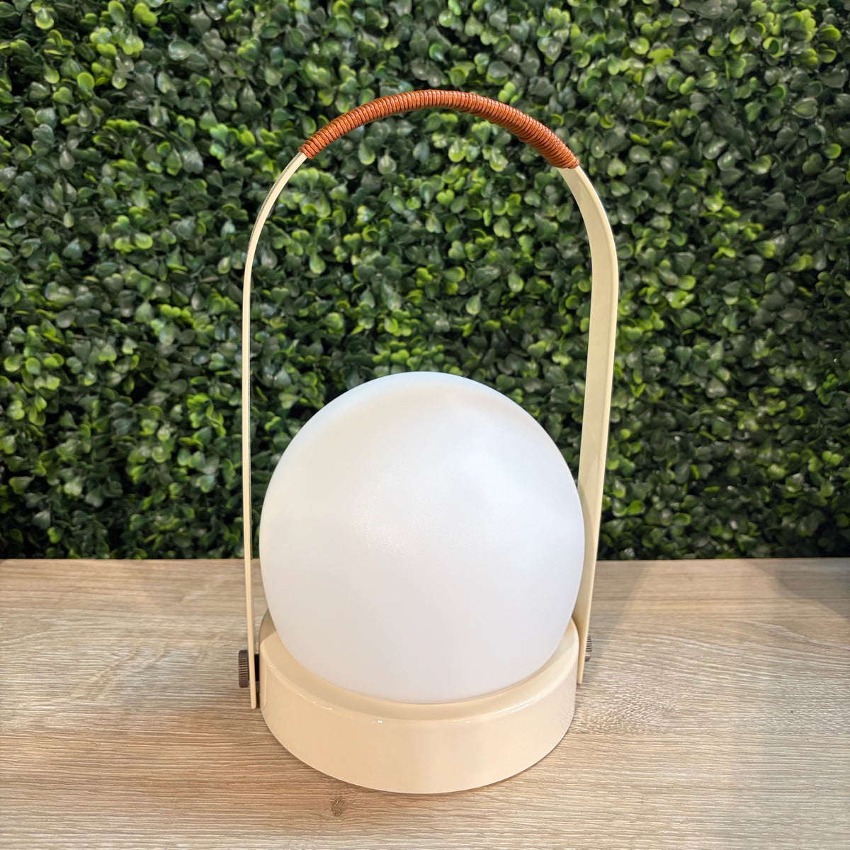 Carrie Portable Indoor/Outdoor LED Lamp, Ivory w/Leather, 6"W x 5.3"D x 9.6"H