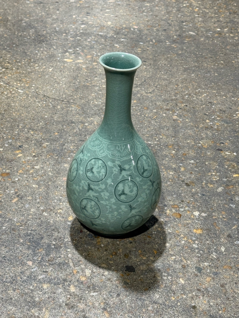 Korean celadon vase, cloud/crane motif, 11"H x 6"W x 6"W