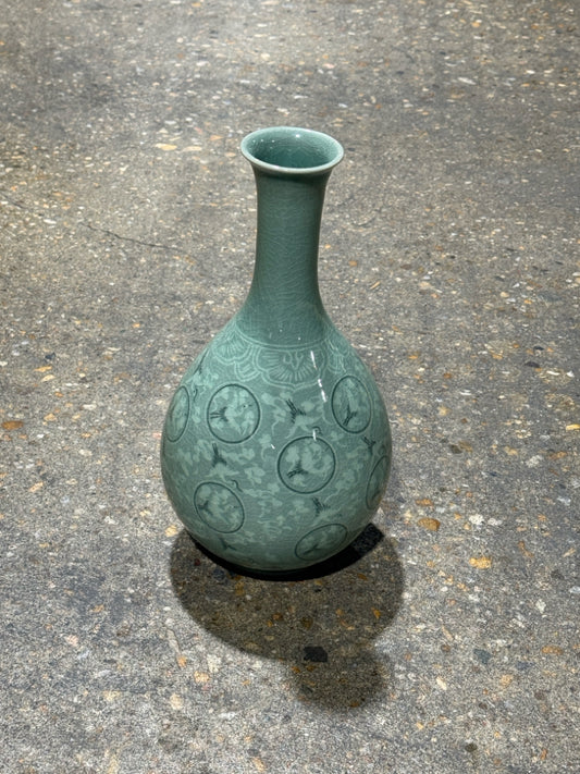 Korean celadon vase, cloud/crane motif, 11"H x 6"W x 6"W