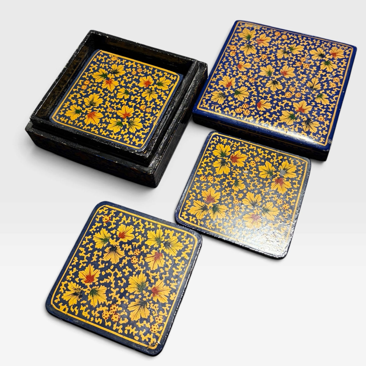 VTG Kashmir Wooden Carved Coaster Set 4.5"Sq x 2"H