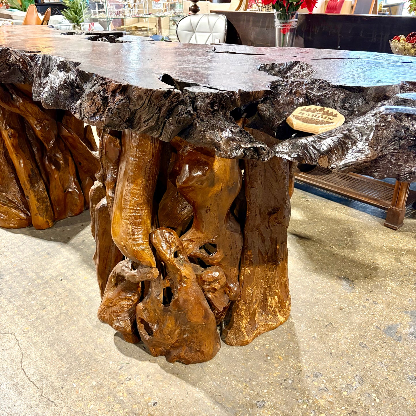 Reclaimed Calif Redwood slab on 2 redwood pedestals, 120"L x 38"W x 33"H