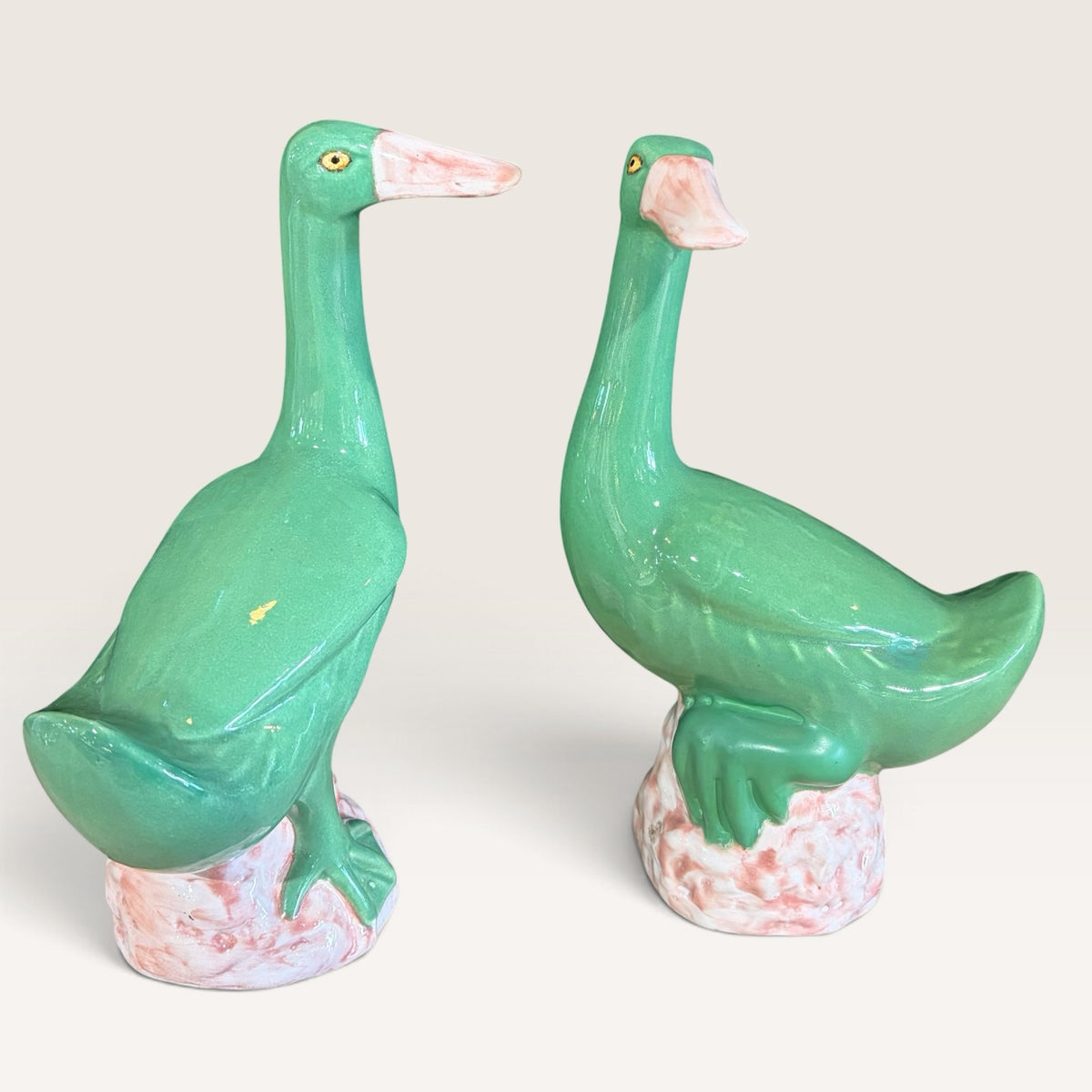 Pair of VTG Green Glazed Porcelain Ducks
