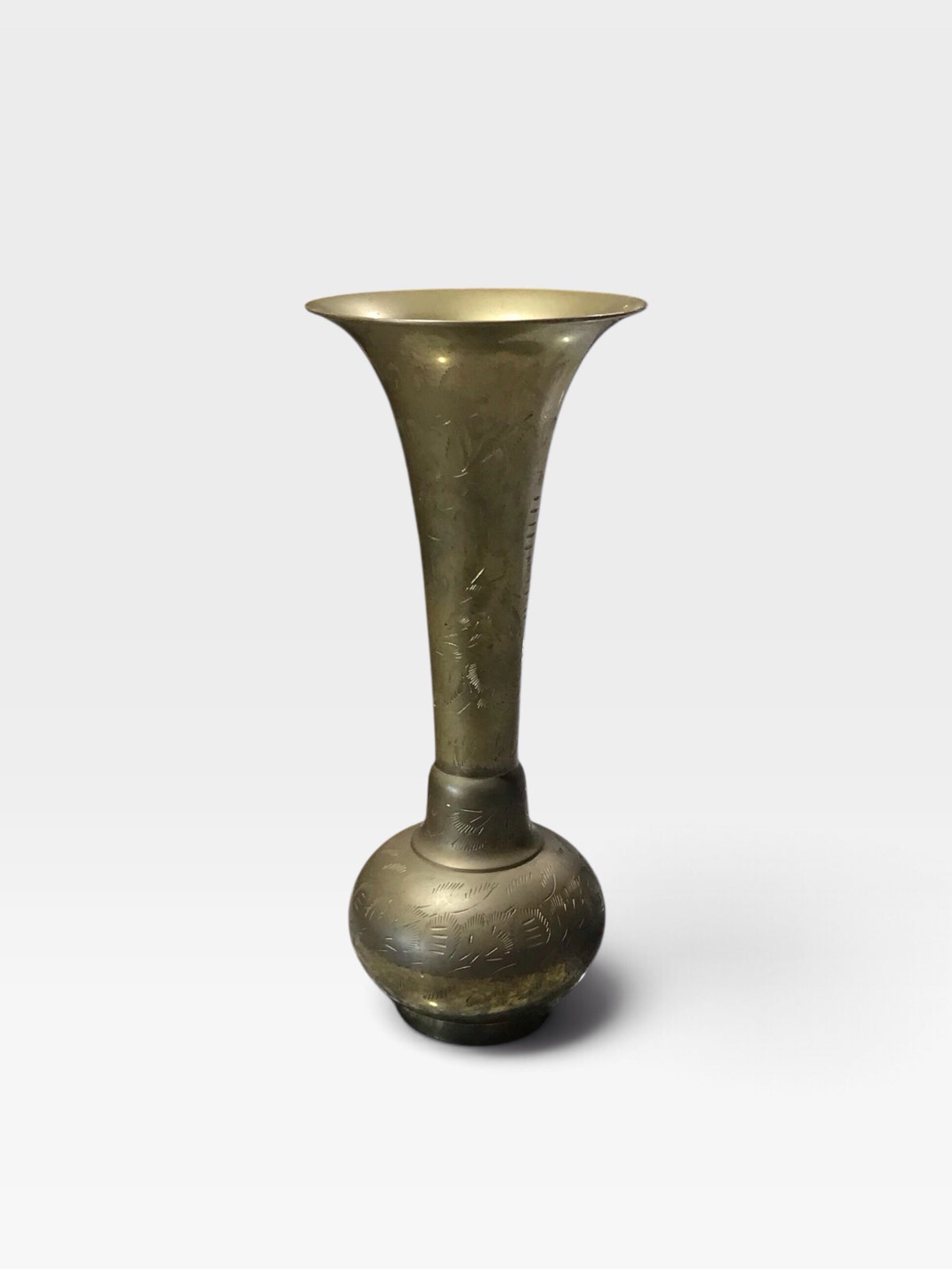 VTG Brass Etched Indian Trumpet Vase 4" Diam x 10" H