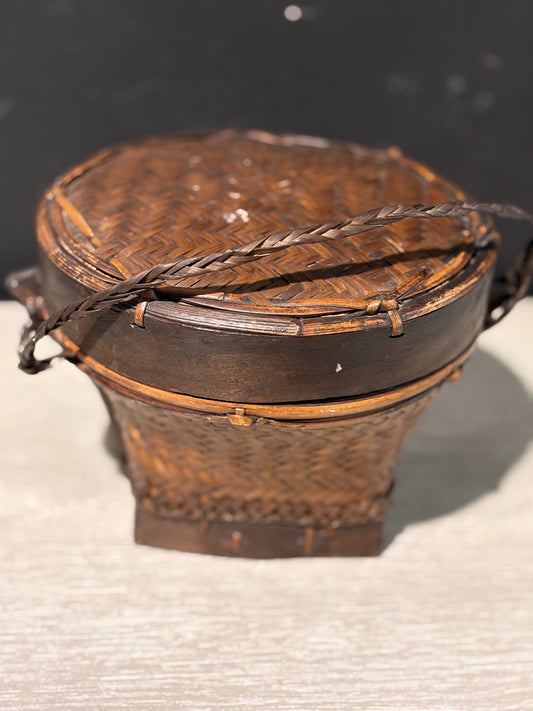 VTG Hand Woven Akha Thai Basket 9" Diam x 5" H