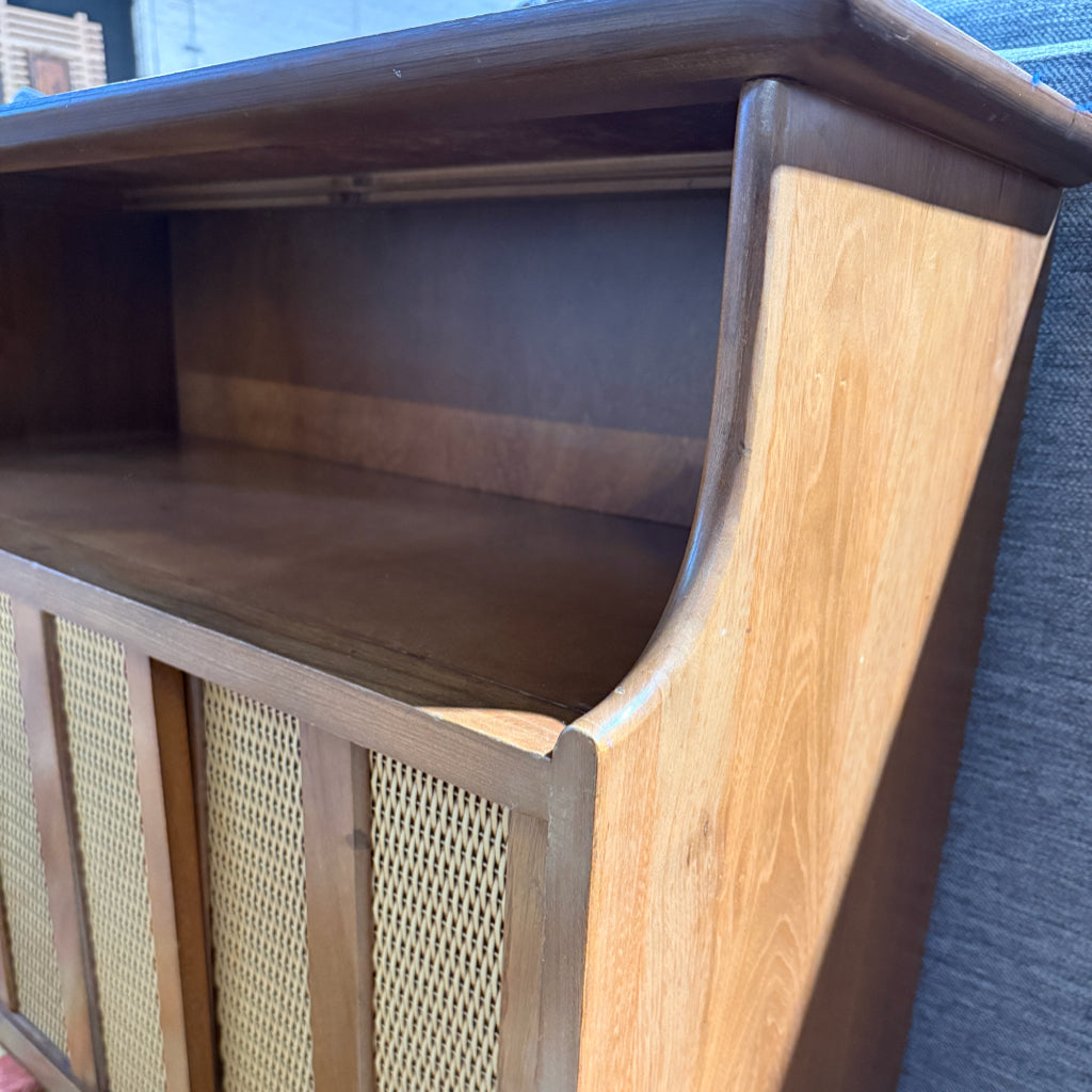 MCM cabinet, cane sliding doors, 34.5"W x 14.5"D x 30.5"H