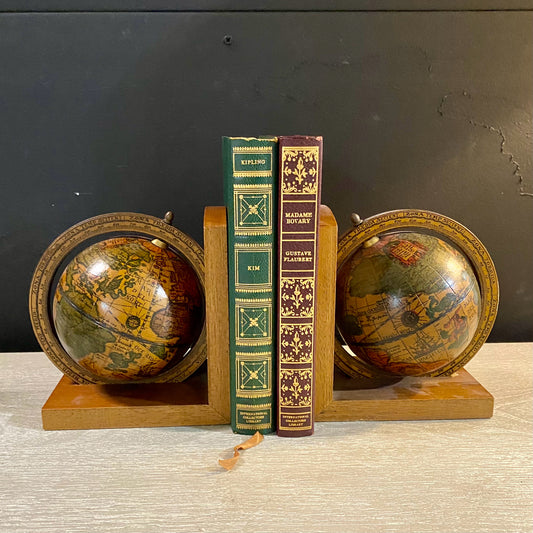 Vintage Wood Globe Bookends, 6"W x 4.25"D x 6.25"H