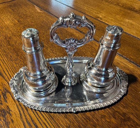 Silverplate salt & pepper set w/tray, 9"L x 5"W x 5" H
