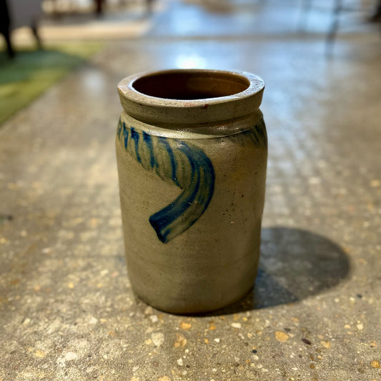 Parr Pottery 1800's Stoneware Crock, Greige w/ Blue Pattern, 10" H x 6" Dia