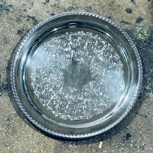 Etched silver plate platter, RogersCo, 12.5"dia