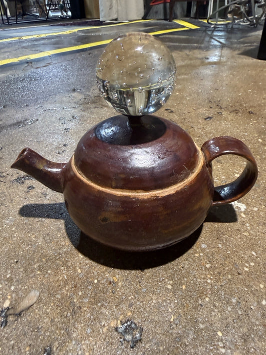 Studio pottery tea pot w/glass orb, 9"L x 6"W x 6.5"H