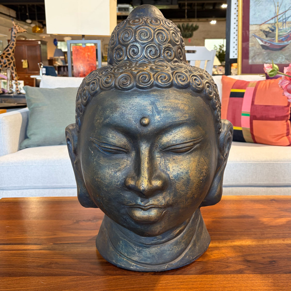 Ceramic Bronze-Tone Buddha Head, 13"W x 13"D x 19.75"H