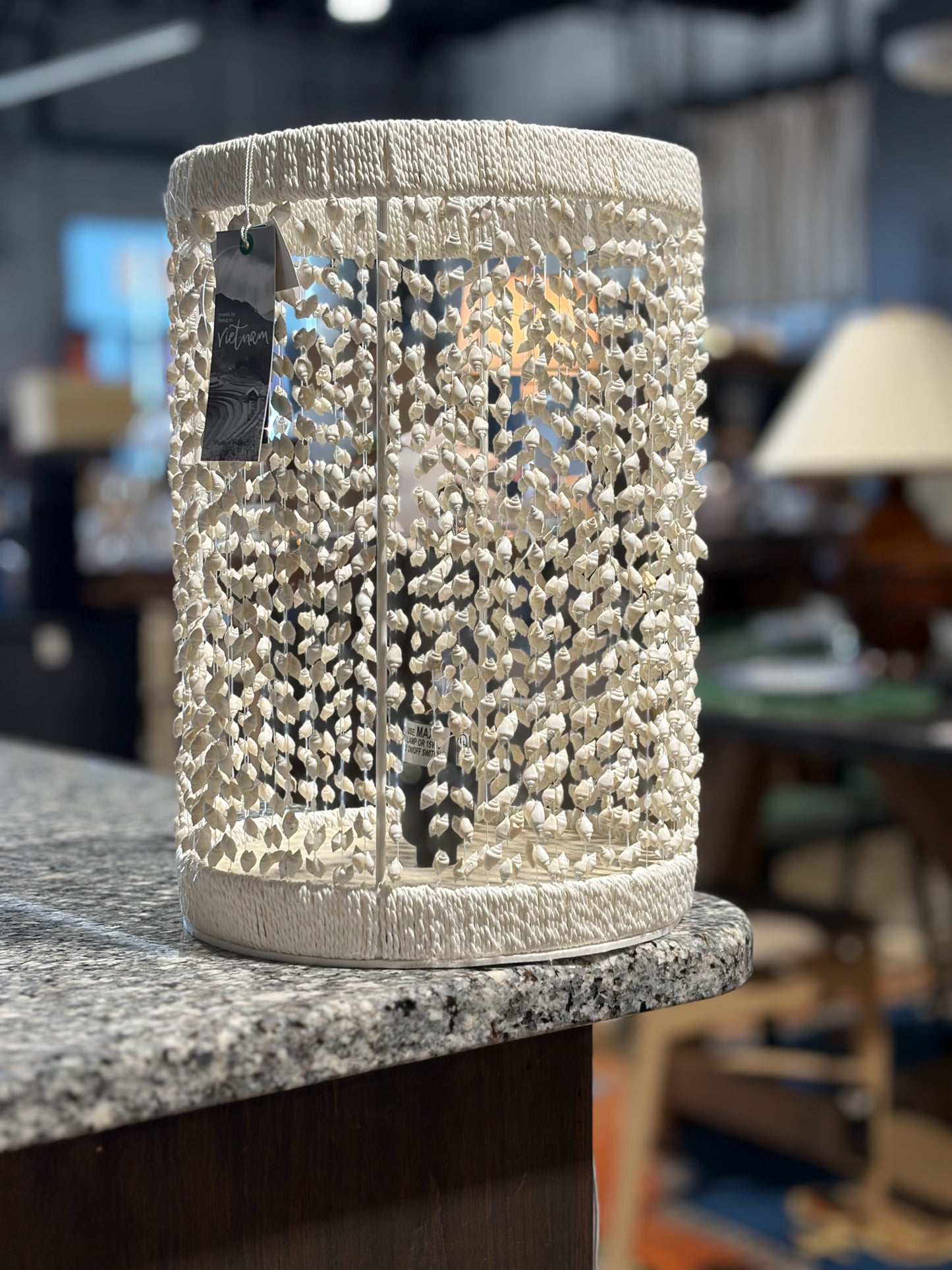 White Beaded Shell Table Lamp 14"H x 9.5"Dia