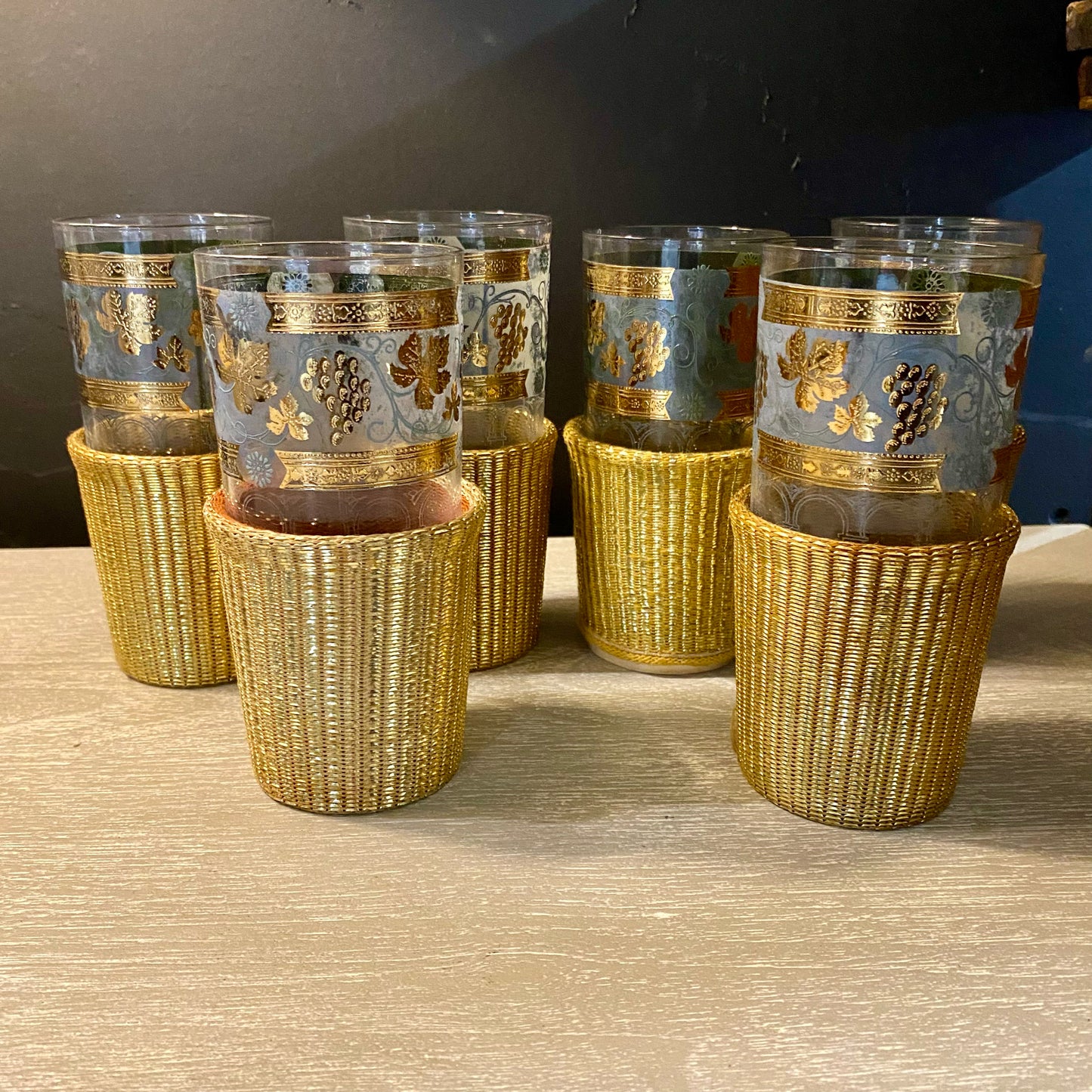 6 MCM Cora Highballs, W/ Therma-Jac Cozies, 6.25"H x 3"D