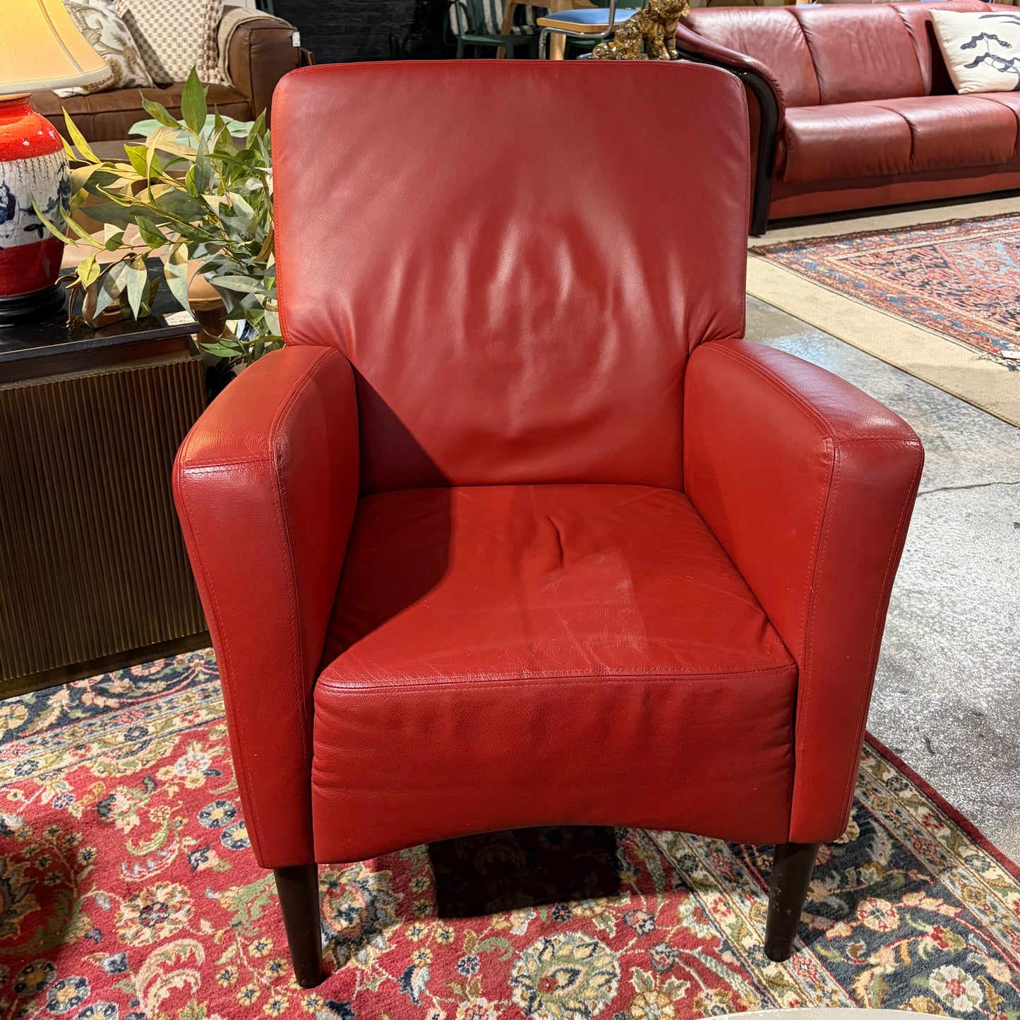 Contemporary Red Leather Armchair, 28.5"W x 31"D x 36"H