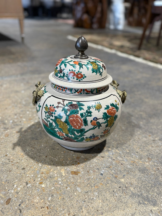 Vintage Japanese Kutani ginger jar w/brass handles,finial, 10"W x 10"D x 12.5"H