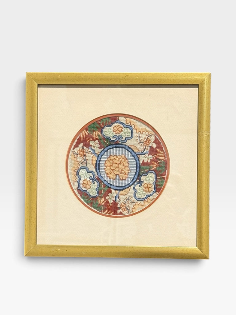 Needlepoint/embroidered chinoiserie art, 13.5"W x 13.5"H