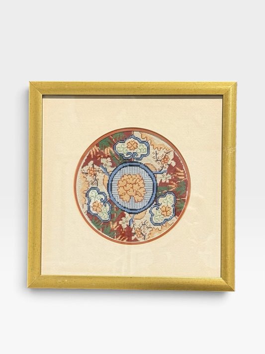 Needlepoint/embroidered chinoiserie art, 13.5"W x 13.5"H