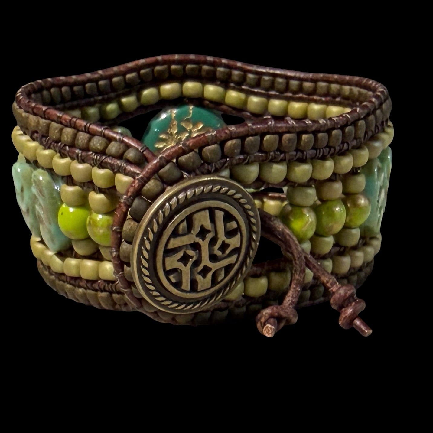 Bohemian Picasso Beaded Cuff, Green Tree by Carrie Prince