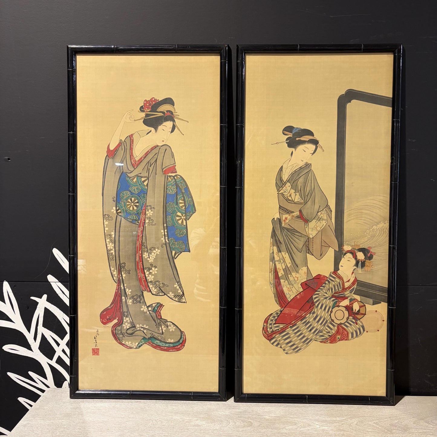 Pair of Japanese Woodblock Prints, Circa 1930 Faux Bamboo EA 18" W x 40" W