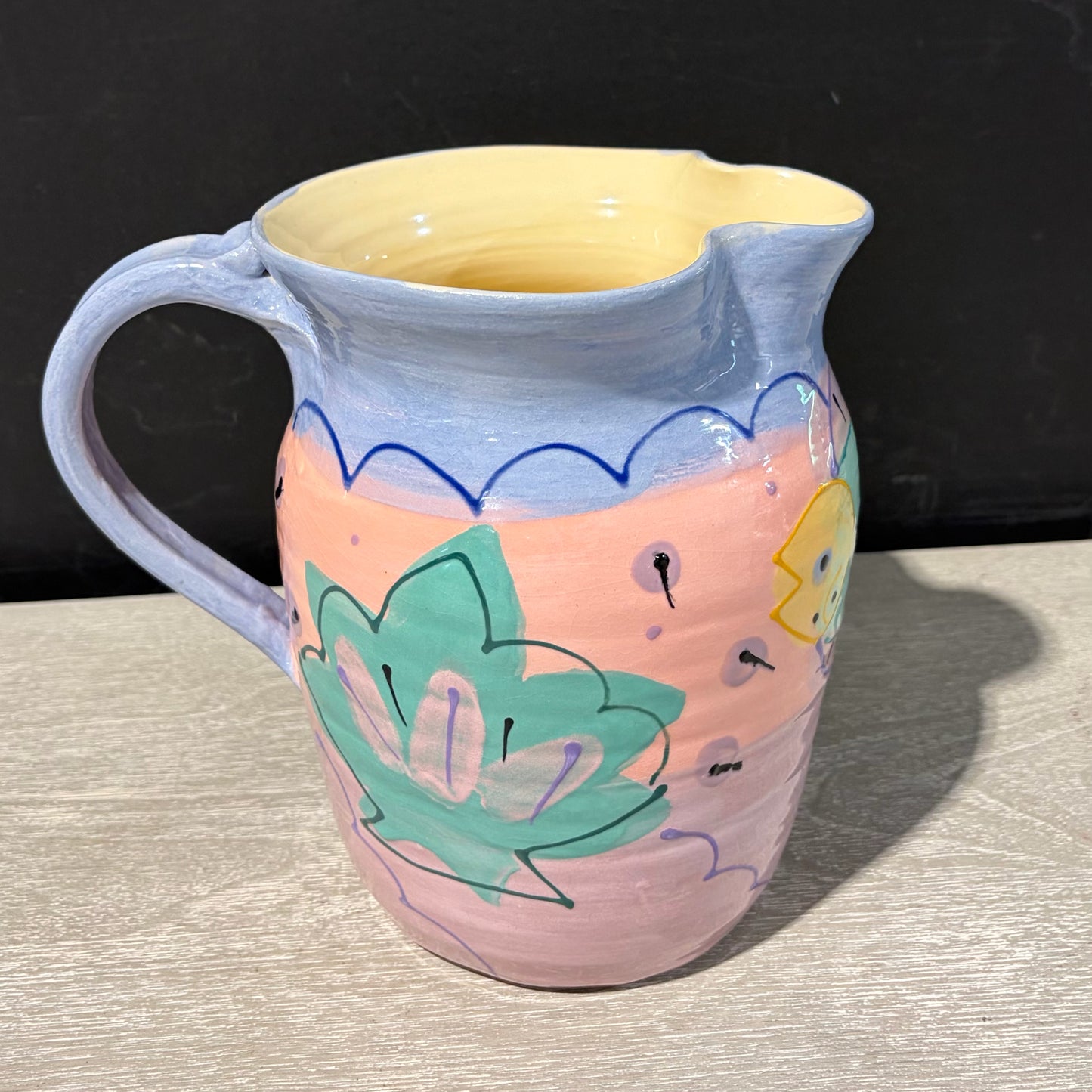 Hand-Painted Ceramic Pitcher, Signed, 9"W x 6"D x 8"H