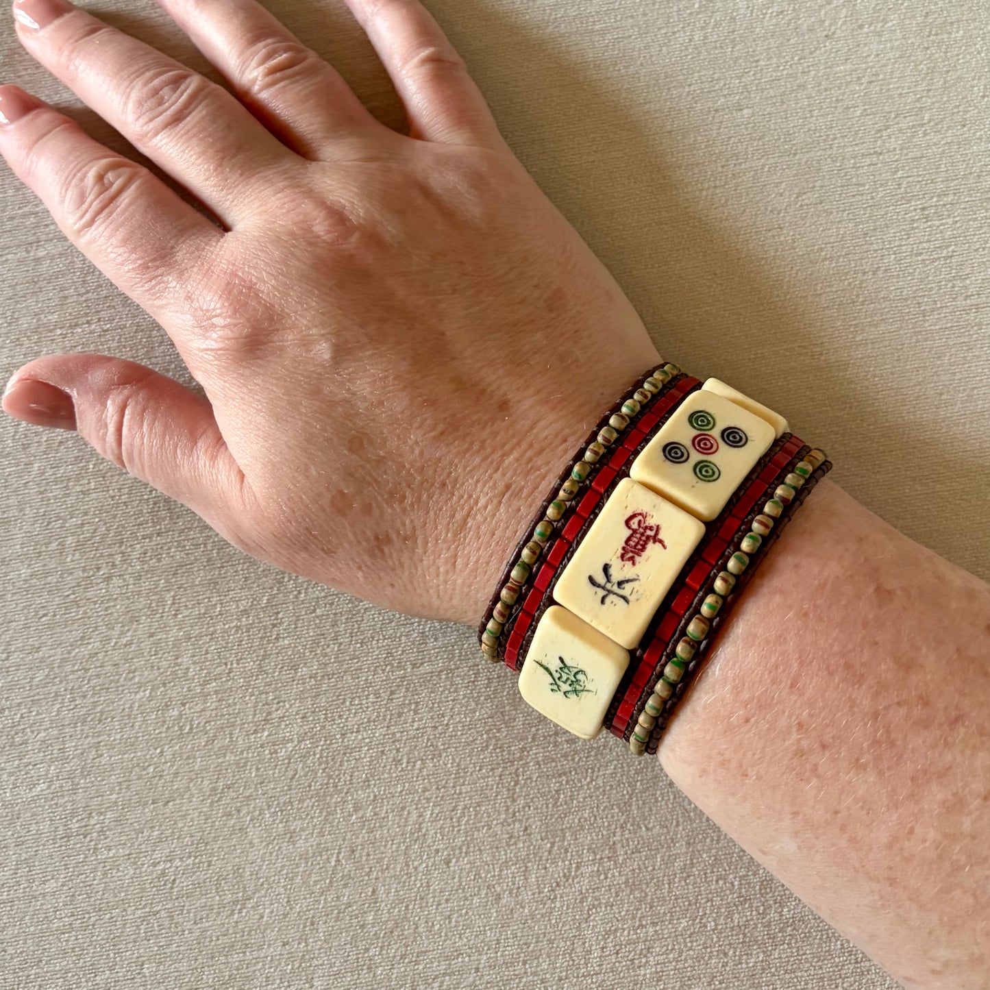 Vintage Mahjong Tile Cuff Beaded Bracelet, 1.5"W x 7.2"L, Carrie Prince
