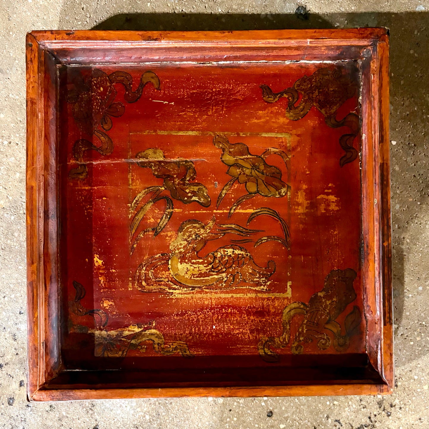 Red Lacquer Square Tray Hand Painted, 15"W x 15"H x 2"D