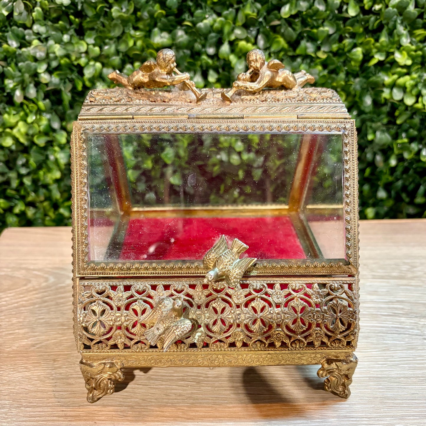 Vintage Filigree & Glass Jewelry Casket/Trinket Box, 5.5"W x 6"D x 5.75"H