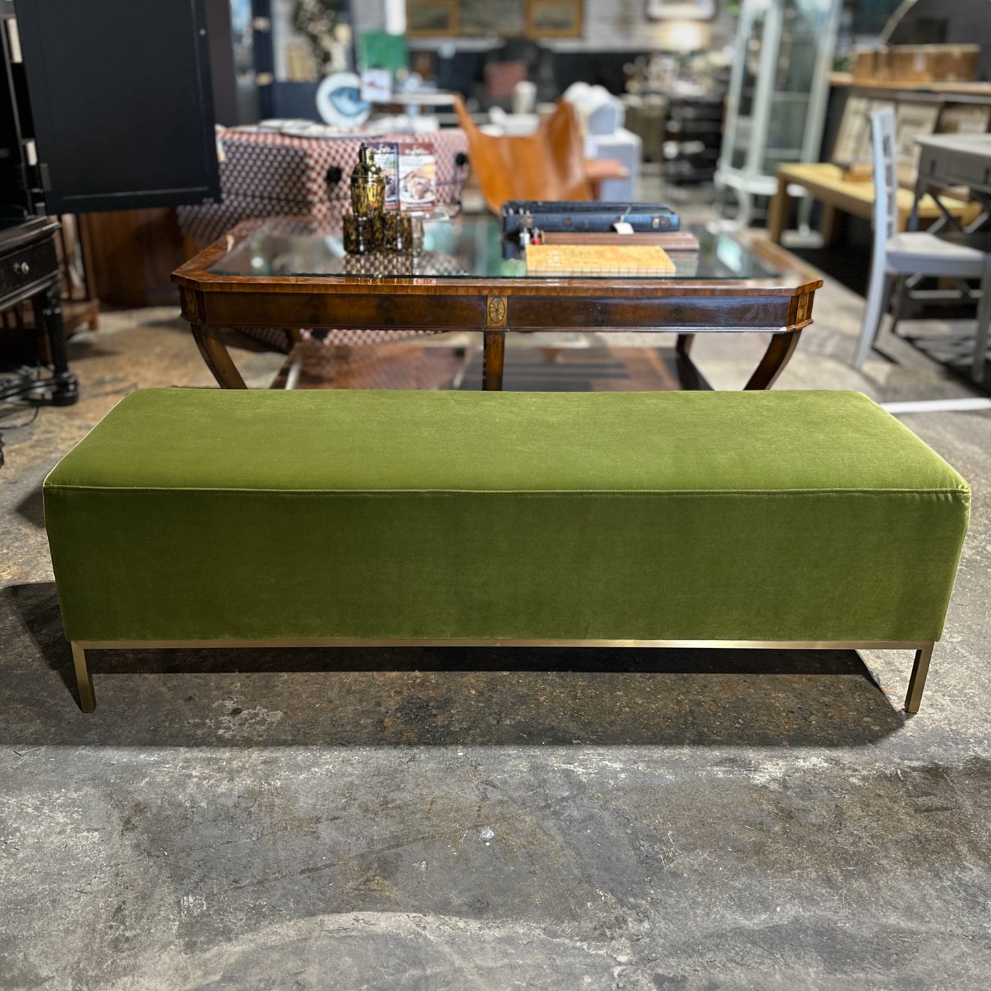 Miller Bench, Green Performance Velvet & Matte Brass, 60" L x 20" W x 18.75" H