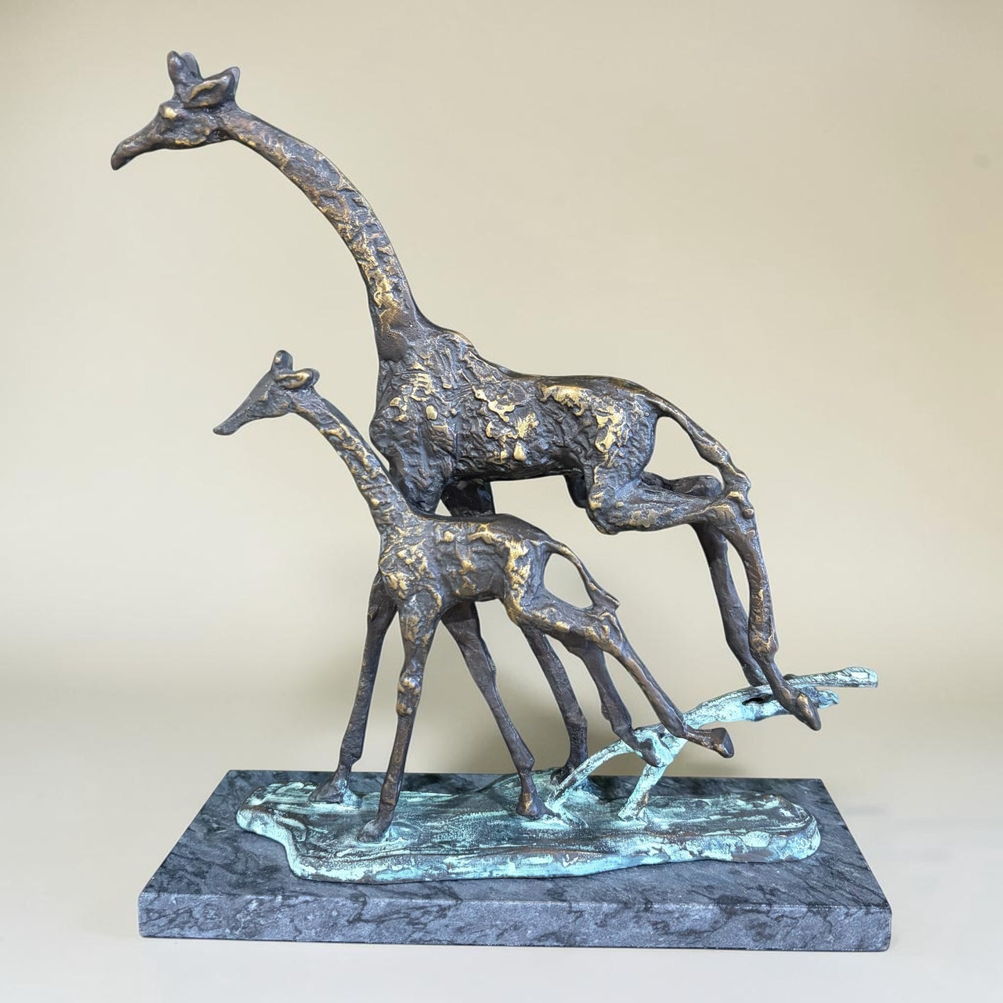 Metal Mother & Baby Giraffe on Marble Base 11"H x 9"W x 4"D