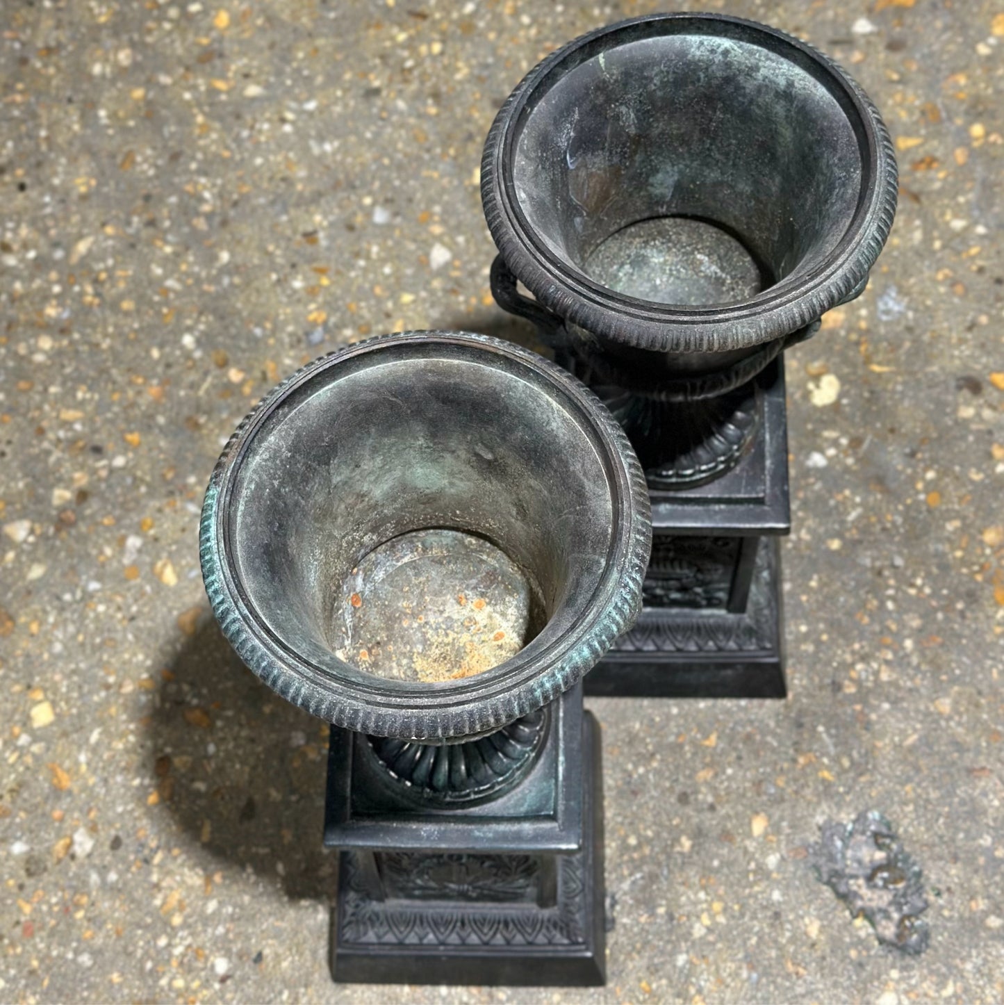 Pair of Neoclassical Pedestal Urns, Aged Cast Metal, 6" Dia x 14.25" H