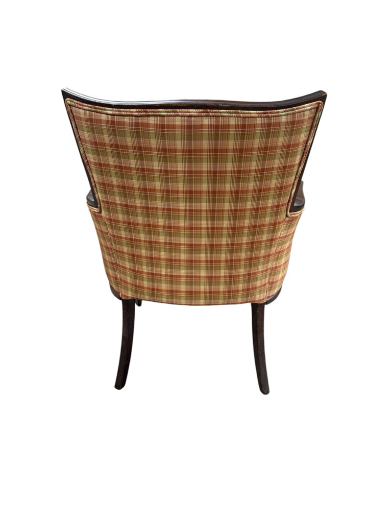 VTG fauteuil chair, mahogany, plaid, 25"W c 19"D x 34"H